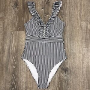 Blooming Jelly Black White Striped Ruffle Shoulder Plunging V One Piece Swimsuit